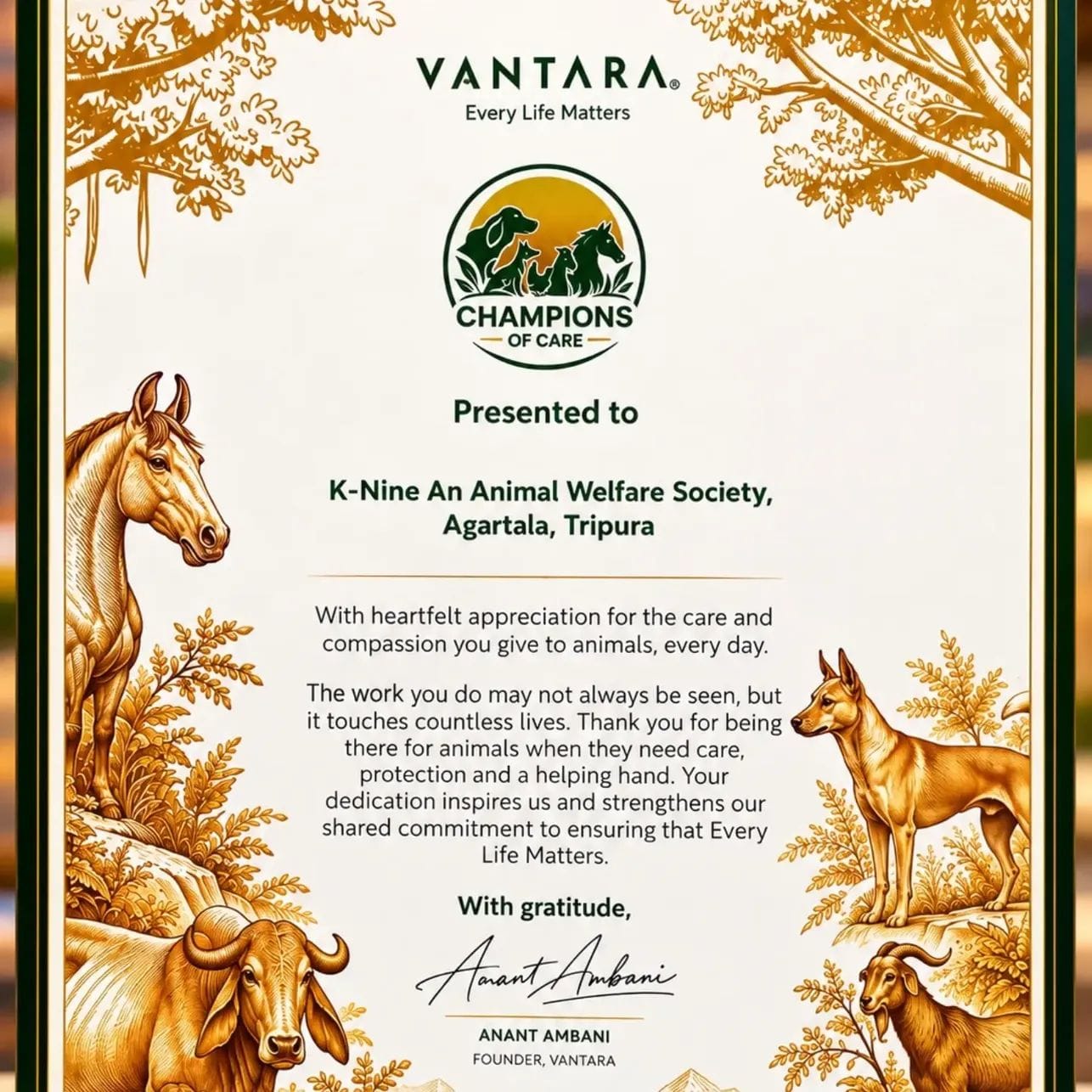 Certificate of Appreciation from Vantara presented to K-Nine Animal Welfare Society, Agartala, Tripura